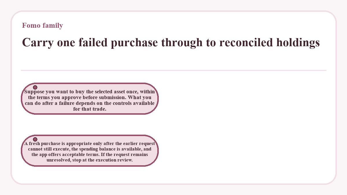 Carry one failed purchase through to reconciled holdings: Suppose you want to buy the selected asset once, within the terms you approve before submission. What you can do after a failure depends on the controls available for that trade.; A fresh purchase is appropriate only after the earlier request cannot still execute, the spending balance is available, and the app offers acceptable terms. If the request remains unresolved, stop at the execution review.