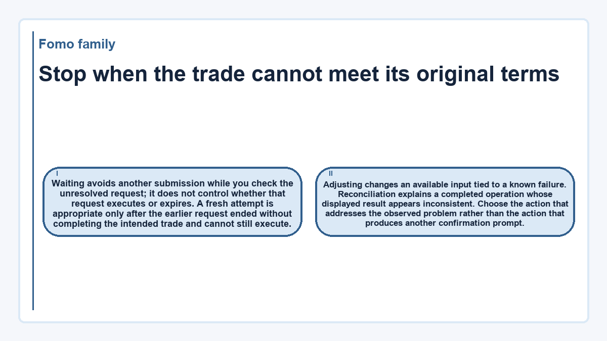 Stop when the trade cannot meet its original terms: Waiting avoids another submission while you check the unresolved request; it does not control whether that request executes or expires. A fresh attempt is appropriate only after the earlier request ended without completing the intended trade and cannot still execute.; Adjusting changes an available input tied to a known failure. Reconciliation explains a completed operation whose displayed result appears inconsistent. Choose the action that addresses the observed problem rather than the action that produces another confirmation prompt.