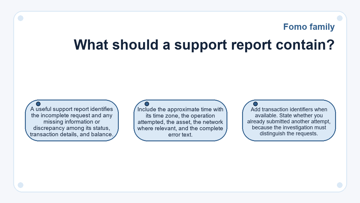 What should a support report contain?: A useful support report identifies the incomplete request and any missing information or discrepancy among its status, transaction details, and balance.; Include the approximate time with its time zone, the operation attempted, the asset, the network where relevant, and the complete error text.; Add transaction identifiers when available. State whether you already submitted another attempt, because the investigation must distinguish the requests.
