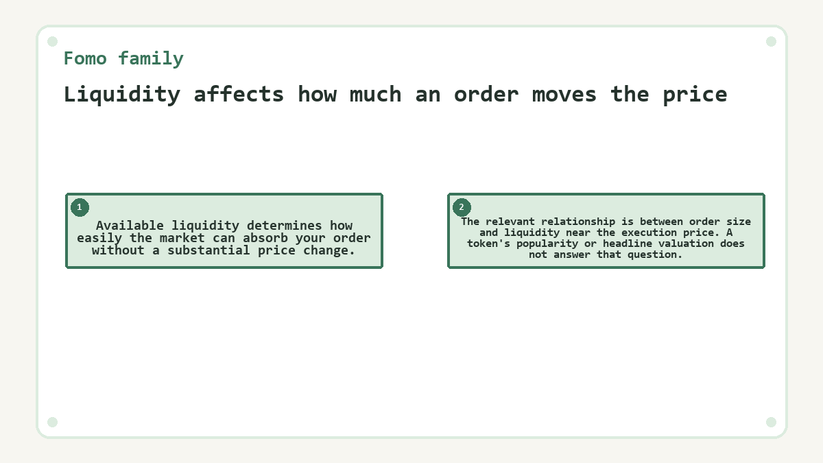 Liquidity affects how much an order moves the price: Available liquidity determines how easily the market can absorb your order without a substantial price change.; The relevant relationship is between order size and liquidity near the execution price. A token's popularity or headline valuation does not answer that question.