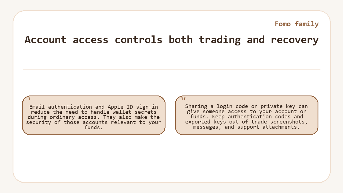 Account access controls both trading and recovery: Email authentication and Apple ID sign-in reduce the need to handle wallet secrets during ordinary access. They also make the security of those accounts relevant to your funds.; Sharing a login code or private key can give someone access to your account or funds. Keep authentication codes and exported keys out of trade screenshots, messages, and support attachments.